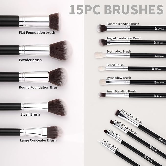 DUcare Makeup Brushes with Bag,15Pcs Makeup Brush Set Christmas Gift Travel Kabuki Foundation Blending Blush Eyeliner Shadow Brow Concealer Brushes Kit Black-VivaGrace Women