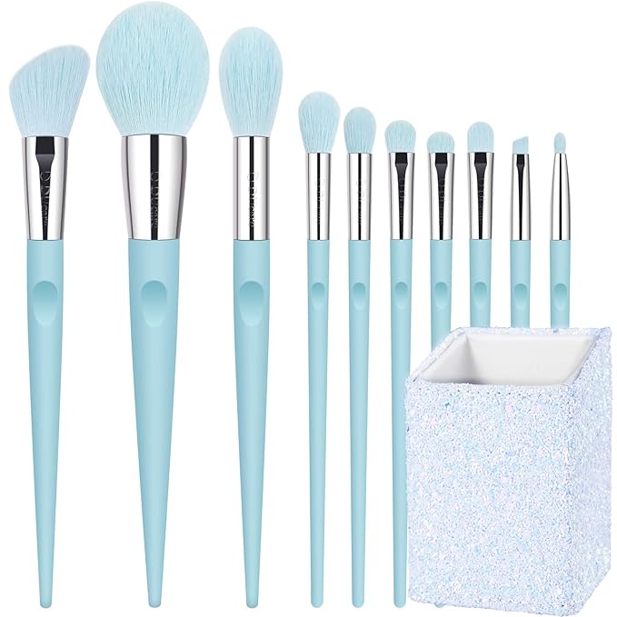 DUcare Makeup Brushes with Holder - 10Pcs Professional Synthetic Make Up Brushes Set for Blush Concealer Foundation Bronzer Powder Eyebrow Contour Eyeshadow Blending Makeup Brush Set, Ice Lake Blue-VivaGrace Women