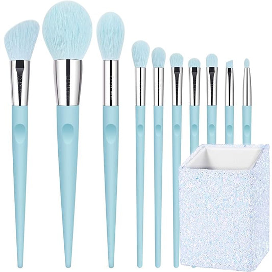 DUcare Makeup Brushes with Holder - 10Pcs Professional Synthetic Make Up Brushes Set for Blush Concealer Foundation Bronzer Powder Eyebrow Contour Eyeshadow Blending Makeup Brush Set, Ice Lake Blue-VivaGrace Women