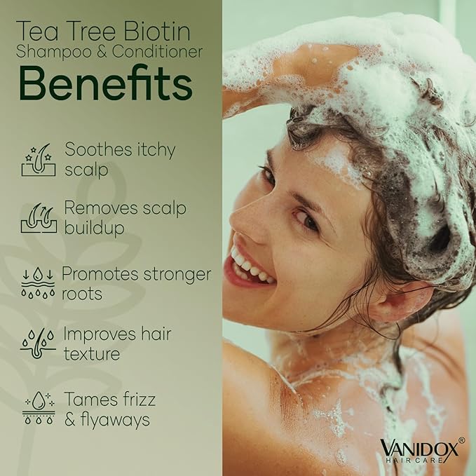 Tea Tree Oil Shampoo and Conditioner Set with Biotin, DHT Blockers, Itchy Scalp Relief, Supports Thicker-Looking Hair, Cleanses Dandruff & Buildup, For Men & Women, Made in USA, 16 fl oz Each-VivaGrace Women