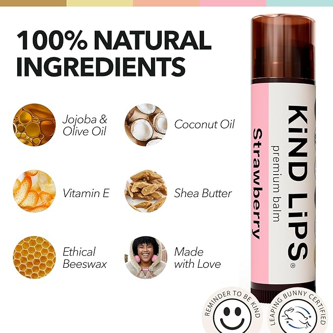 Kind Lips Lip Balm - Nourishing & Moisturizing Lip Care for Dry Lips with Shea Butter, Beeswax & Vitamin E | Strawberry Flavor | 0.15 Oz (Pack of 3)-VivaGrace Women