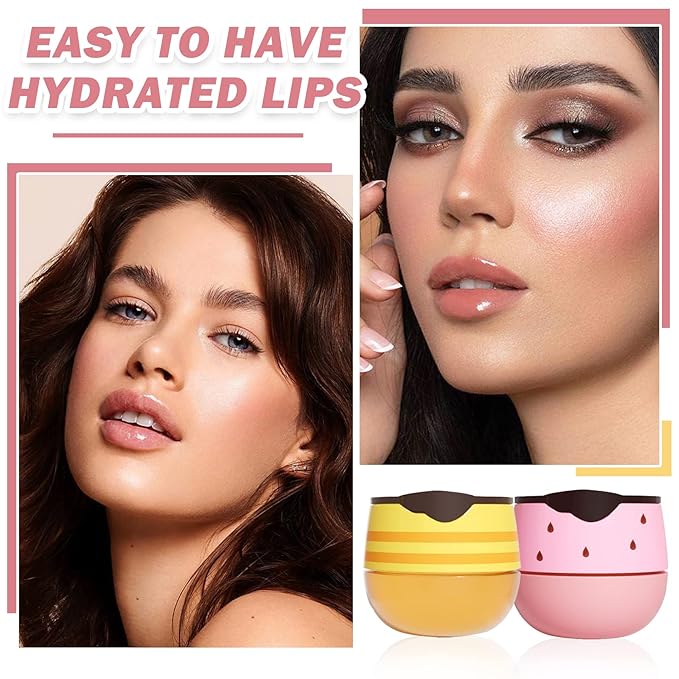 2PCS Bee Lip Balm Honey Pot,Honey Lip Balm With Honey Spoon,Honey Lip Mask Moisturizing Hydrating Prevents Dry and Chapped Lips,Lip Exfoliating Bee Lip Balm（Honey+Strawberry）-VivaGrace Women