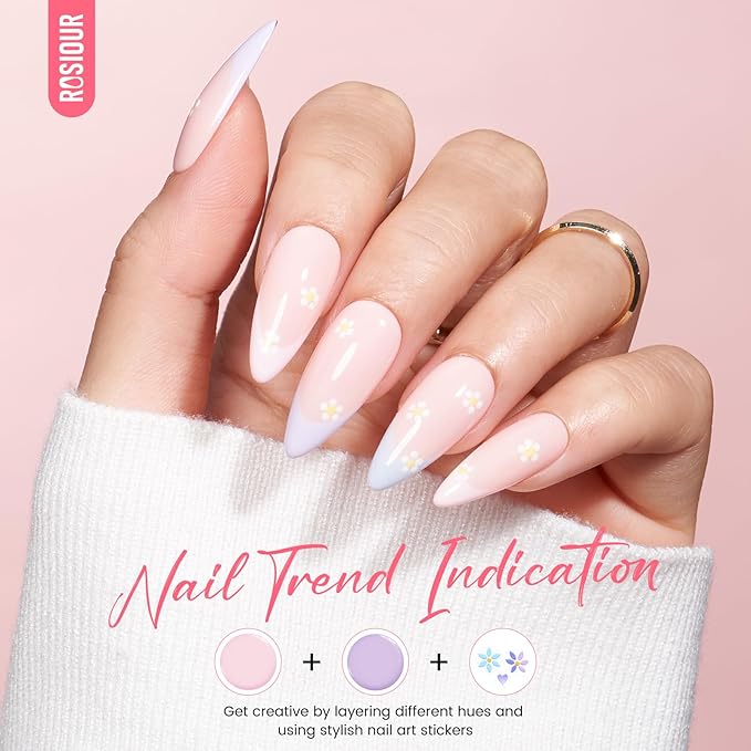 Gel Nail Polish Kit with U V Light, Hema-Free Light Baby Pink Blue Purple Nude Pink Summer Gel Polish Set with Base & Top Coat Chrome Nail Powder, 4 Colors Mini Salon Nail Art Starter Gift for Women-VivaGrace Women