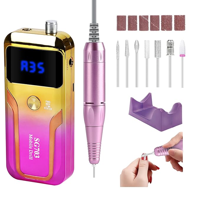 Portable Nail Drill Professional 35000 RPM, MOCOWIND Rechargeable Electric Nail File Machine for Acrylic Nails Gel Polishing, Cordless E-File with Bits Kit for Manicure Salon Home, Yellow & Purple-VivaGrace Women