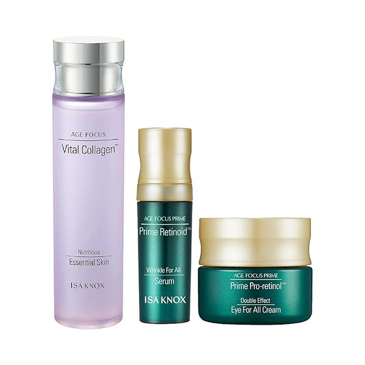 ISA KNOX AGE FOCUS VITAL COLLAGEN Emulsion, PRIME Wrinkle For All Serum & PRIME Eye For All Cream (177 ml/5.99 fl oz) - Korean Skin Care by LG Beauty. Vitamins C, B12 & E.-VivaGrace Women