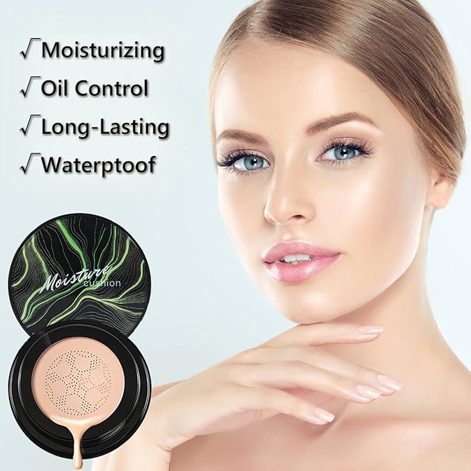 Mushroom Head Air Cushion CC Cream Foundation,QIUFSSE Mushroom Head Foundation BB Cream Makeup Foundation Concealer Brighten Long-lasting Oil Control and Moisturizing-Natural-VivaGrace Women