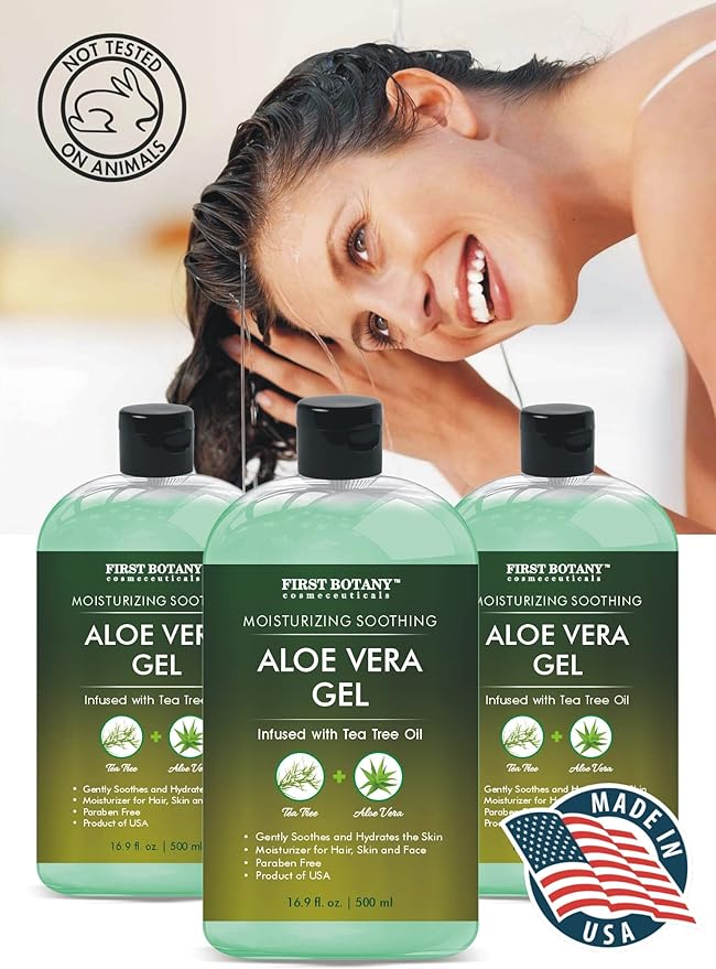 First Botany, Aloe Vera Gel from 100 Percent Pure Aloe Infused with Tea Tree Oil - Natural Raw Moisturizer for Hand Sanitizing Gel, Skin Care, Hair Care, Sunburn, Acne & Eczema -16.9 fl oz | 500 ml-VivaGrace Women