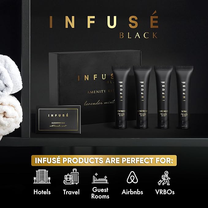 Infuse Black Amenity Kit | Boxed Hotel Toiletries | Bulk Set 1 oz Travel Size Shampoo, Conditioner, Lotion, Body Wash & Cleansing Bar for Guest Hospitality AirBnB/Vacation Rentals | 75 Pieces-VivaGrace Women