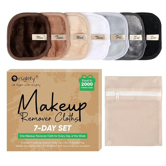 Orighty Makeup Remover Cloths 7-Day Set, Premium & Reusable Makeup Remover Pads, Erase Make-up With Just Water, Make-up Set For Eyes, Lips, Foundation and more, Ideal Choice For Women (Neutrals)