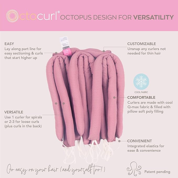 Octocurl Heatless Hair Curler - No Headband Octopus Curler - Overnight Curls for Short Hair (QMax - Mauve)