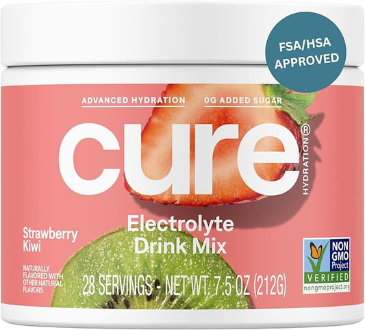 Cure Hydration | Plant-Based Electrolyte Drink Mix | No Added Sugar | Dehydration Relief Powder Made with Coconut Water | Non-GMO | Vegan | 28 Servings Jar - Strawberry Kiwi-VivaGrace Women