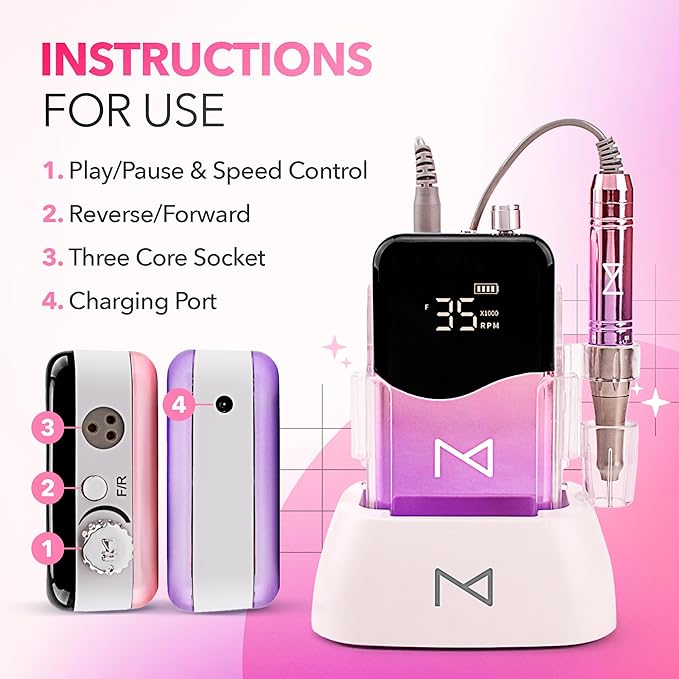 M Mase- Professional Nail Drill Machine - Coreless 2-in-1 Nail File - Electric, Cordless, 35000 RPM, HD Display - Electric Nail Drill for Professional & Home Use (Unicorn Purple)-VivaGrace Women
