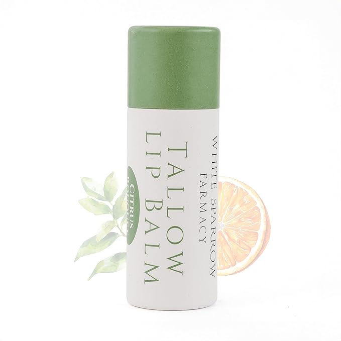 Organic Tallow Lip Balm (Citrus Bouquet) from 100% Grass Fed Cows. Super hydrating with Tallow, Olive Oil, Honey, and Beeswax. Sustainable Cardboard Tubes & Hand Filled. Jumbo Size 0.5 oz.-VivaGrace Women