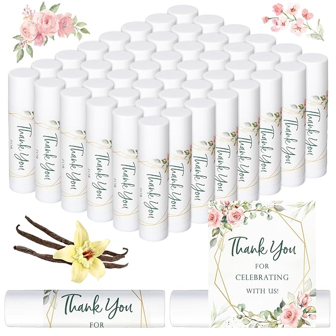 Whaline 60Pcs Thank You Gift Lip Balm Bulk Wedding Lip Balms Vanilla Flavor Floral Moisturizing Lip Care Guest Basket Gift Stuffer for Bridal Shower Baby Shower Birthday Party Favor Supplies-VivaGrace Women
