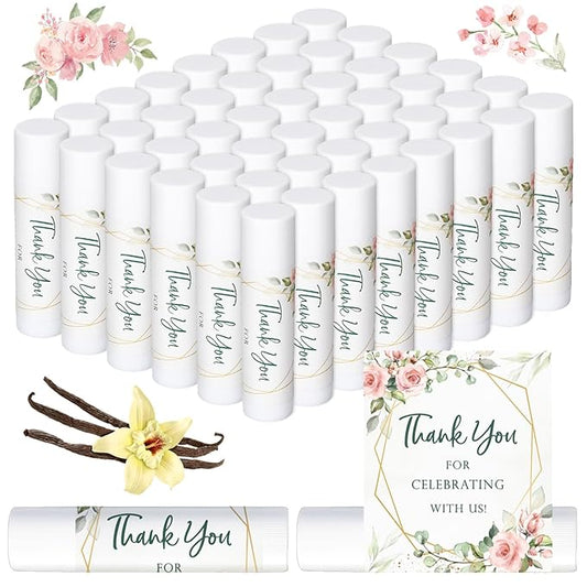 Whaline 60Pcs Thank You Gift Lip Balm Bulk Wedding Lip Balms Vanilla Flavor Floral Moisturizing Lip Care Guest Basket Gift Stuffer for Bridal Shower Baby Shower Birthday Party Favor Supplies-VivaGrace Women