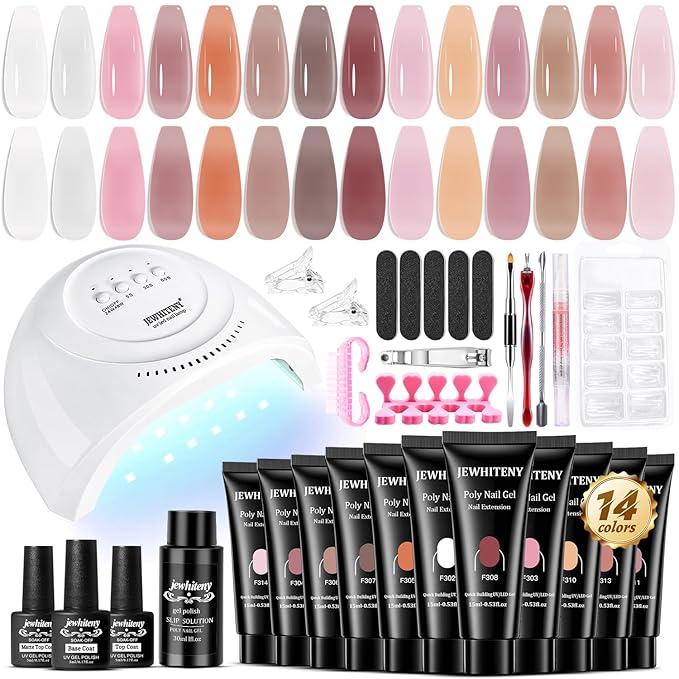 JEWHITENY Poly Extension Gel Kit With 48W LED Nail Lamp 14 Colors Builder Extension Gel All-in-One French Kit Nail Art Design Beginner Kit-VivaGrace Women