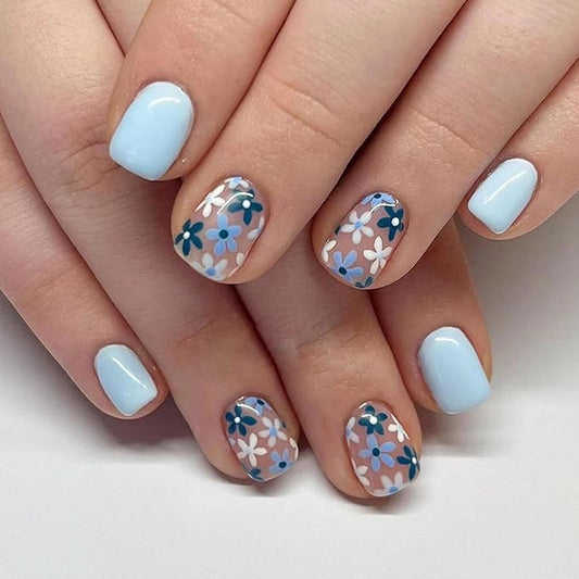 OCOUYVD Flower Fake Nails Extra Short Press on Nails Square Cute Blue False Nails with Small Floral Designs Acrylic Nails Spring Press on Nails Glossy Artificial Nails for Women Manicure