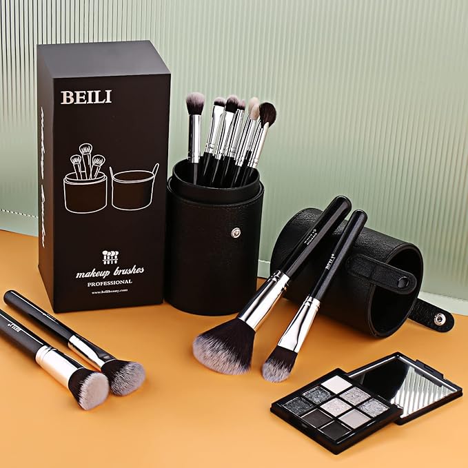 BEILI Makeup Brushes 12pcs Makeup Brushes Set with Holder Premium Synthetic Kabuki Foundation Brush Blending Blush Concealer Full Face Makeup Brushes Kit With Gift Box(Black)-VivaGrace Women