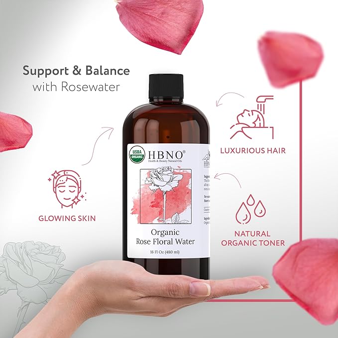 HBNO California Bottled Organic Rose Water for Face Huge 16 fl oz (480ml) Value Size - USDA Certified for Face - Pure Rose Water for Hair - Rosewater for Skincare, Haircare-VivaGrace Women
