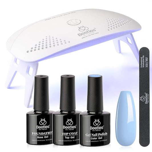 Beetles Blue Gel Nail Polish Kit with Uv LED Light, Base and Top Coat Gel Starter Kit, Soak Off Light Blue Polish Set with Mini Nail Lamp Nail File for DIY Home Salon Manicure Gift for Women