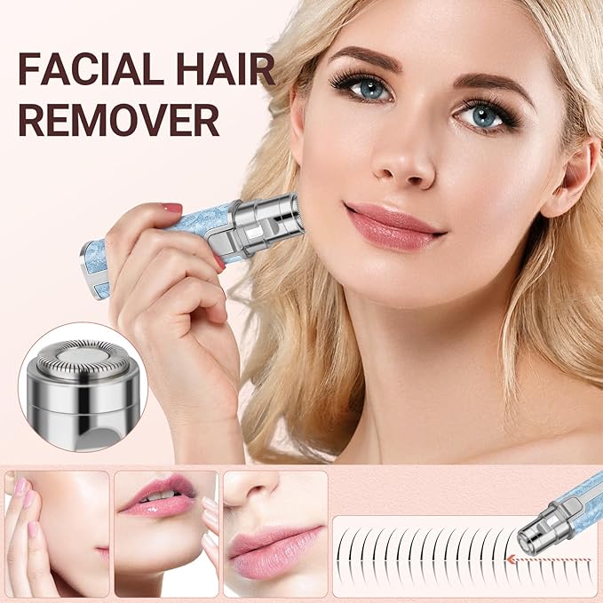 Facial Hair Remover for Face Lip, Electric 2 in 1 Face Shaver and Eyebrow Trimmer, Rechargeable Blue Nose Hair Trimmer for Women with Built-in LED Light-VivaGrace Women