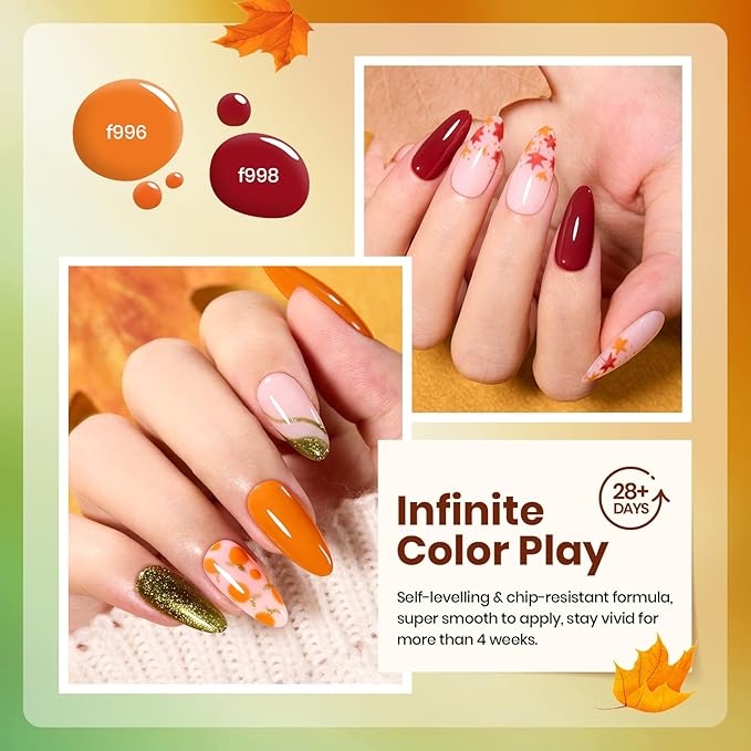Beetles Fall Gel Nail Polish Set, 6Pcs Yellow Orange Burgundy Red Green Gel Polish Golden Glitter Nails Kit Autumn Realm Collection DIY Nail Art Gifts for Women-VivaGrace Women