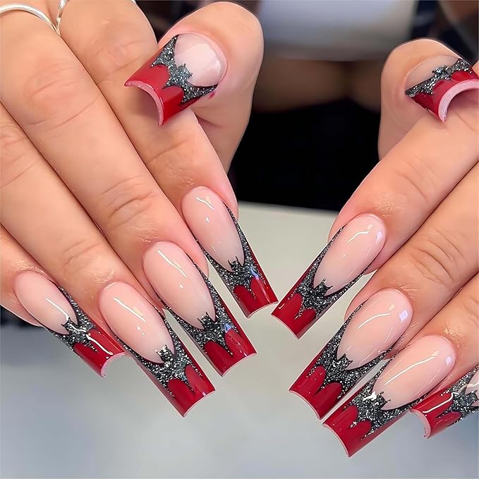 Long Press on Coffin Fake Nails with Glue - French Red Tip Acrylic False Nails with Glitter Bat Designs - Pink Full Cover Artificial Press Ons Bling Stick on for Women