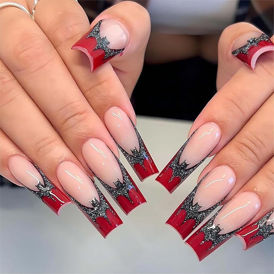 Long Press on Coffin Fake Nails with Glue - French Red Tip Acrylic False Nails with Glitter Bat Designs - Pink Full Cover Artificial Press Ons Bling Stick on for Women