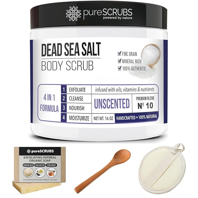 pureSCRUBS Premium Unscented Body Scrub Set - Large 16oz Dead Sea Salt Body Scrub With Infused Essential Oils & Nutrients, Includes Wooden Spoon, Loofah & Oatmeal Exfoliating Bar Soap-VivaGrace Women