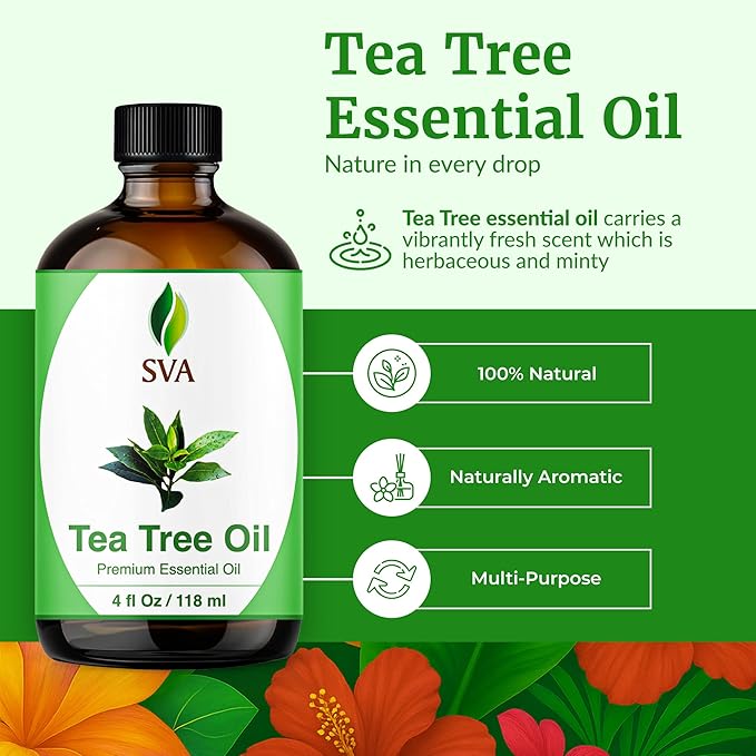 SVA Tea Tree Essential Oil – 4 Fl Oz – 100% Natural Tea Tree Oil - for Diffuser, Hair Care, Face, Skin Care, Aromatherapy, Scalp and Body Massage, Soap and Candle Making – with Dropper-VivaGrace Women