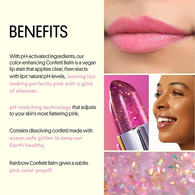 Winky Lux Glitter Confetti Balm, pH Lip Balm, pH Color Changing Lipstick and Tinted Lip Balm, Vegan & Cruelty Free Lip Balm, Hydrate & Plump, Sheer Pink Lipstick, Rainbow Confetti-VivaGrace Women