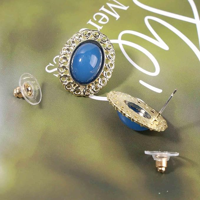 Vintage Oval Blue Gem Earrings Blue Lapis Earrings Antique Halo Oval Earrings Custom Oval Studs Earrings Jewelry for Women and Girls Gifts-VivaGrace Women