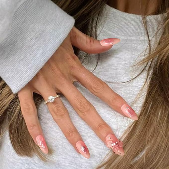 Press on Nails Almond Medium Length Fake Nails with Bow Designs Silver Sequins Glue on Artificial Nails Glossy Y2K False Nails for Women
