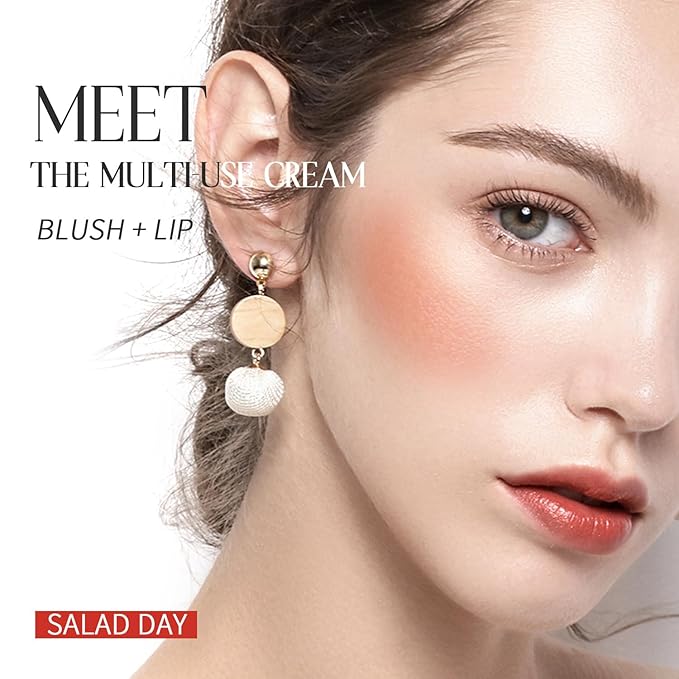 Blush Stick, Cream Blush for Cheeks and Lip Tint, Dewy Finish, Buildable & Blendable Color, Lightweight & Long-Lasting Formula | Salad Day-Coral & Angled Blush Brush（0.53fl.oz）-VivaGrace Women