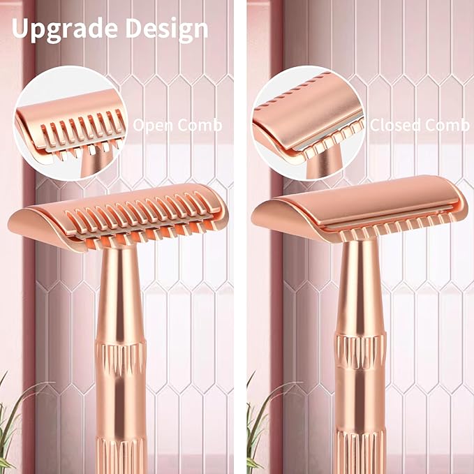 Matte Rose Gold Double Edge Safety Razor, Single Blade Razors for Women and Men, with 10 Stainless Steel Safety Razor Blades, Reusable, Smooth and Close Wet Shaving Kit, Plastic Free-VivaGrace Women