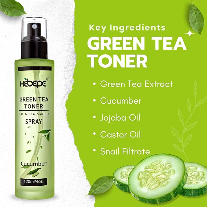 Green Tea Face Mist with Cucumber 4 oz, Matcha Facial Toner Spray Hyaluronic Acid for All Skin, Hydrating Soothing Reduces Redness Cooling After-Sun for Women Men, Alcohol-Free-VivaGrace Women