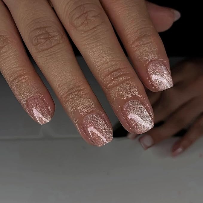 KQueenest Cat Eye Nude Pink Press on Nails Short Square, 30 Pcs Thick Glitter Fake Nails Press ons, Sparkle Bling Acrylic Nails Glue on Short, Shiny Cute False Nails for Women Manicure