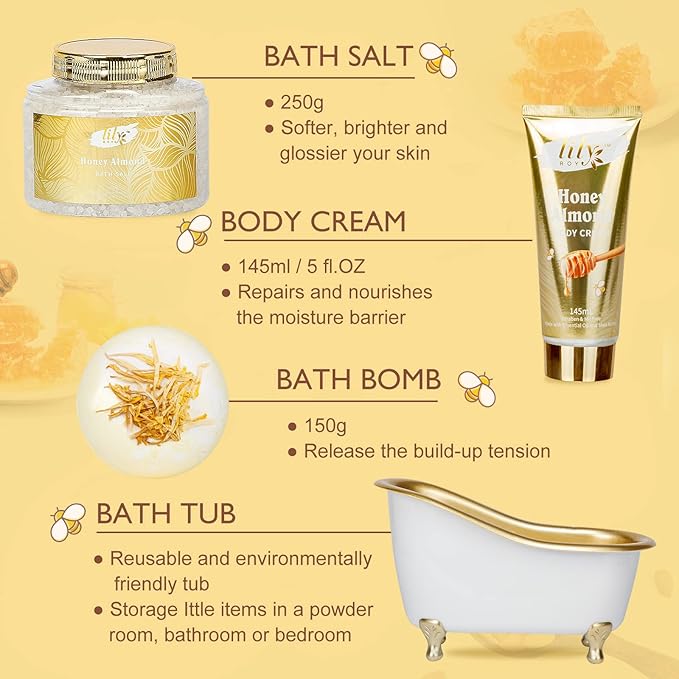 Mothers Day Gifts for Mom - 7-Piece Honey Almond Spa Gift Set for Women, Bath & Body Gift Set, Bath Collection with Bath Bomb & More | Christmas, Birthday Gifts for Her, All Occasion Holiday Present-VivaGrace Women