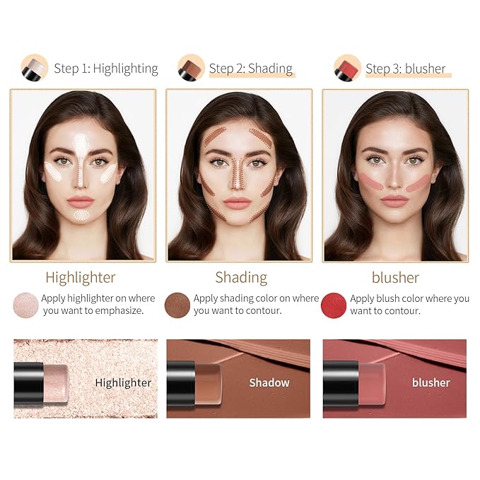 3Pcs Cream Contour Stick, with Highlighter Stick Bronzer Stick Blush Stick, Face Contour Stick Highlighter Makeup with Makeup Brush and Sponge for Sculpt the Cheeks, Long Lasting, Waterproof-VivaGrace Women