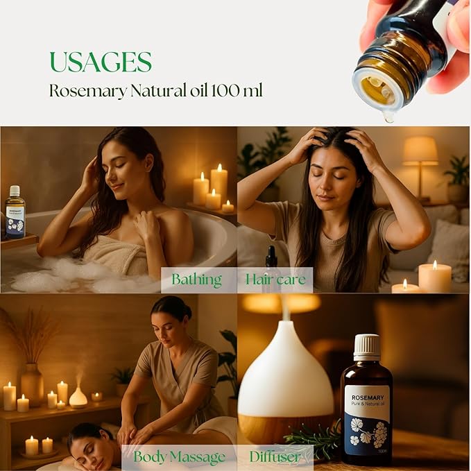 Roots & Above Pure Natural Rosemary Essential Oil 3.38 fl oz/100 ml for Diffuser, Face, Skin Care, Hair, Aroma, Massage, Candle & Soap Making Fragrance DIY use-VivaGrace Women