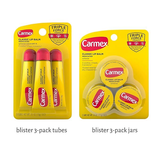 Set of 6 Medicated Lip Balms by Carmex: 3 Jars and 3 Tubes. Carmex Lip Balm Moisturizer, Trusted Relief for Dry, Chapped Lips. Bundled with Silicone Lip Brush and Lip Balm Holder Keychain (Pink)-VivaGrace Women