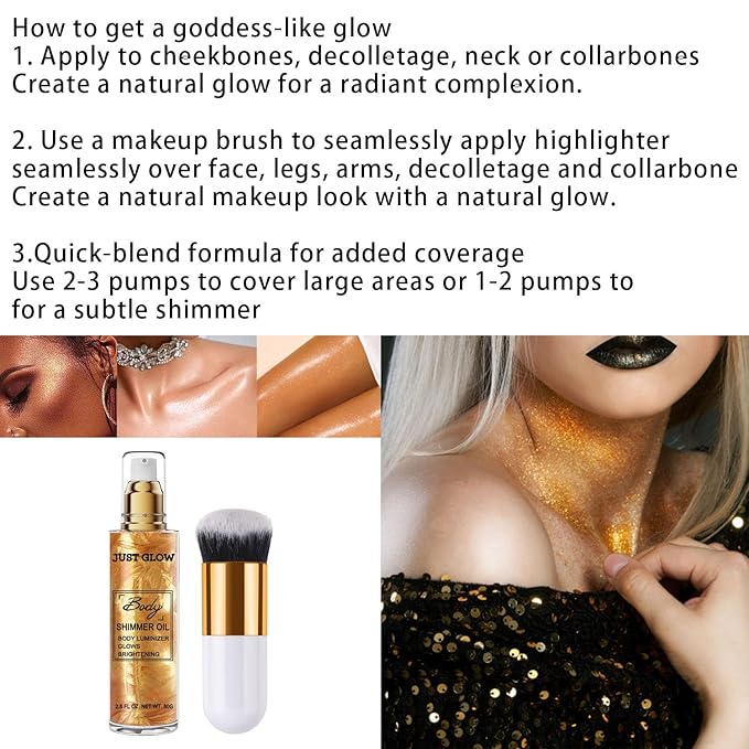 Shimmer Body Oil, Face and Body Liquid Luminizer Waterproof Moisturizing, Light Shimmer Glow Illuminator, Smooth Body Highlighter Makeup Liquid Body Shimmer (2# Gold)-VivaGrace Women