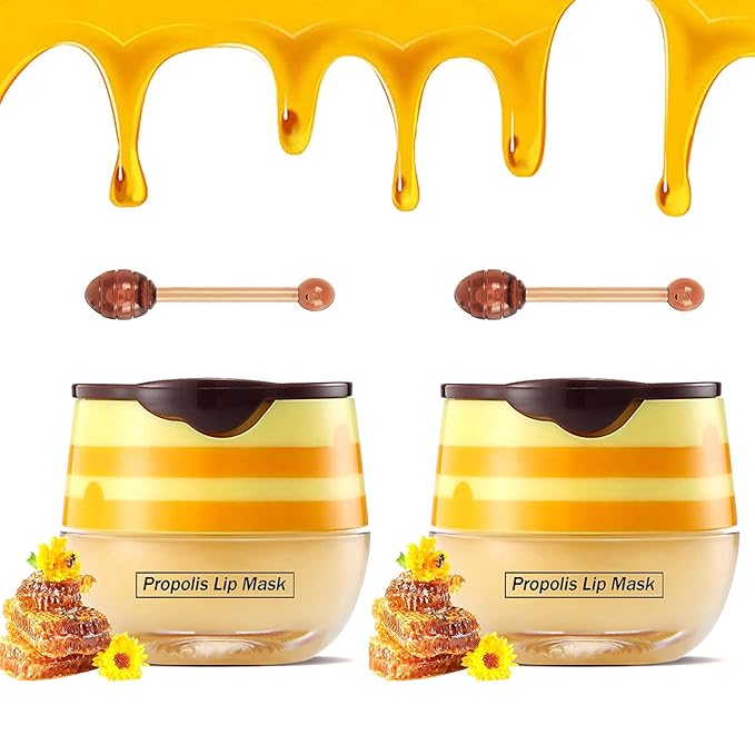 2PCS Bee Lip Balm Honey Pot,Honey Lip Mask Propolis Moisturizing Lip Balm with Stick,Propolis Moisturizing Honey Lip Balm,Hydrating & Prevention Dry and Cracked Lip,Lip Care Skin Care Products-VivaGrace Women