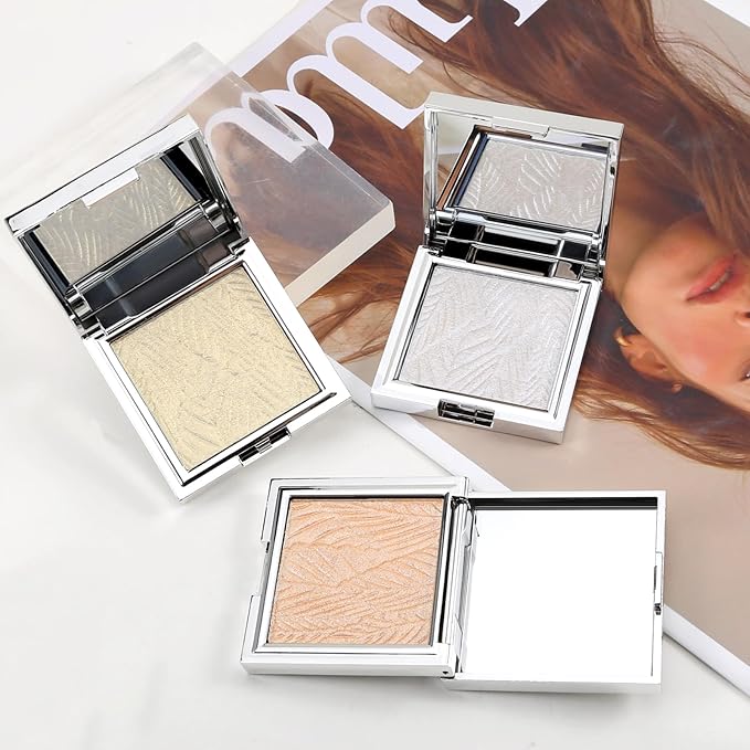 Boobeen Highlighter Makeup Highlighter Powder Palette, Shimmer Illuminator Highlight Contouring Palette Come with Mirror, Long Lasting Glow Defining the Face and Body-VivaGrace Women