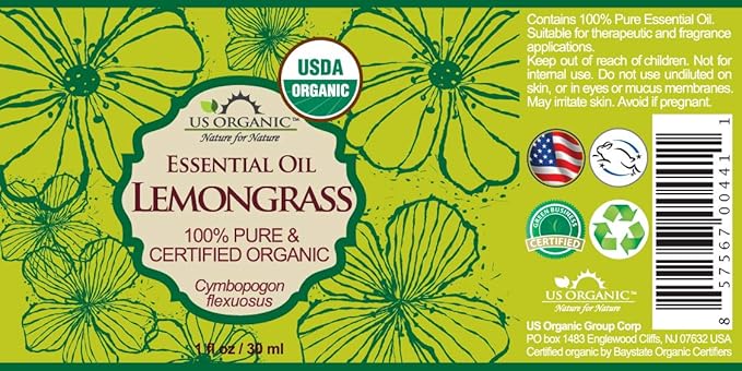 US Organic 100% Pure Lemongrass Essential Oil, USDA Certified Organic, Extracted by Steam Distillation Method, for Hair, Nail Polish Remover, Bees Attraction, and More. 30 ml-VivaGrace Women