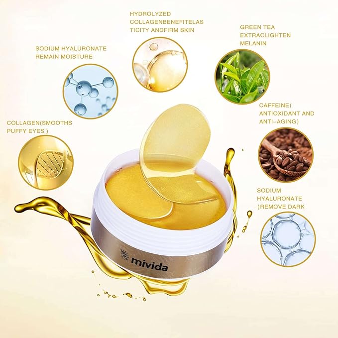 Caffeine & Hyaluronic-Acid Hydra-Gel Eye Pads - Anti Wrinkle Under Eye Patches, 60PCS | Gold Under Eye Patches For Puffy Eyes, Eye Bags and Wrinkles-VivaGrace Women