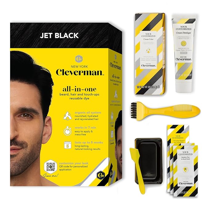 CLEVERMAN Jet Black Hair & Beard Dye for Men, All-in-One Reusable Kit - Permanent, Ammonia-Free, Professional-Quality and Natural-Looking Gray Coverage for Hair, Beard & Mustache-VivaGrace Women