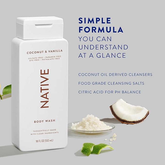 Native Body Wash Contains Naturally Derived Ingredients | For Women & Men, Sulfate, Paraben, & Dye Free Leaving Skin Soft and Hydrated | Coconut & Vanilla 18 oz - 2 Pk-VivaGrace Women