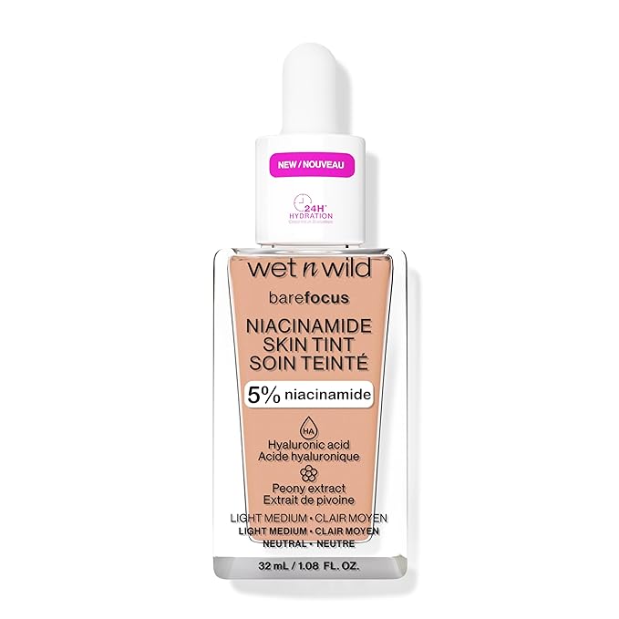 wet n wild Bare Focus Skin Tint, 5% Niacinamide Enriched,Buildable Sheer Lightweight Coverage,Natural Radiant Finish,Hyaluronic & Vitamin Hydration Boost,Cruelty-Free & Vegan-Light Medium Sand-VivaGrace Women
