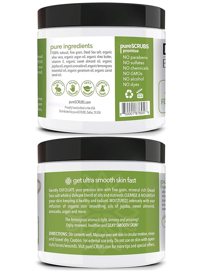 pureSCRUBS Premium Lemongrass Dead Sea Salt Body Exfoliator Scrub, Full Exfoliating Body Scrubber - Large 16oz Jar, Filled With Essential Oils, Includes Spoon, Loofah & Exfoliating Skin Soap-VivaGrace Women